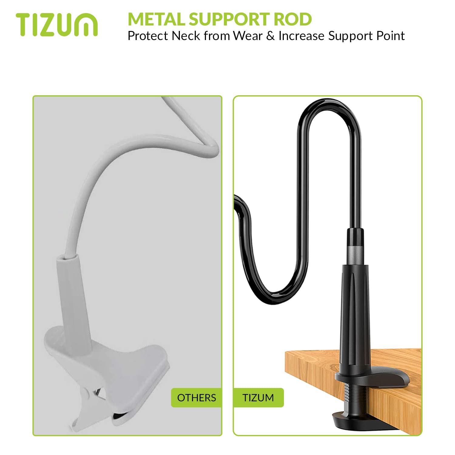 Tizum Mobile & Tablet Holder with 360 Rotation, Mobile Stand with Anti-Slip Silicone Pads & Fully Flexible Gooseneck Arm & for Bed, Table, Bathroom for All Tablet/Smartphones 4 to 10.4 Inches, Black