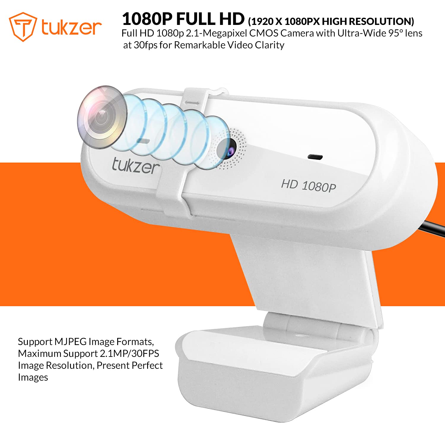 Tukzer 2.1 MP Optical Full HD 1080P Web Camera, CMOS Webcam with Microphone| Privacy Cover| Auto-Focus| 360° Rotatable, Tripod Ready Mount | Plug-n-Play USB for Windows, Mac (White)
