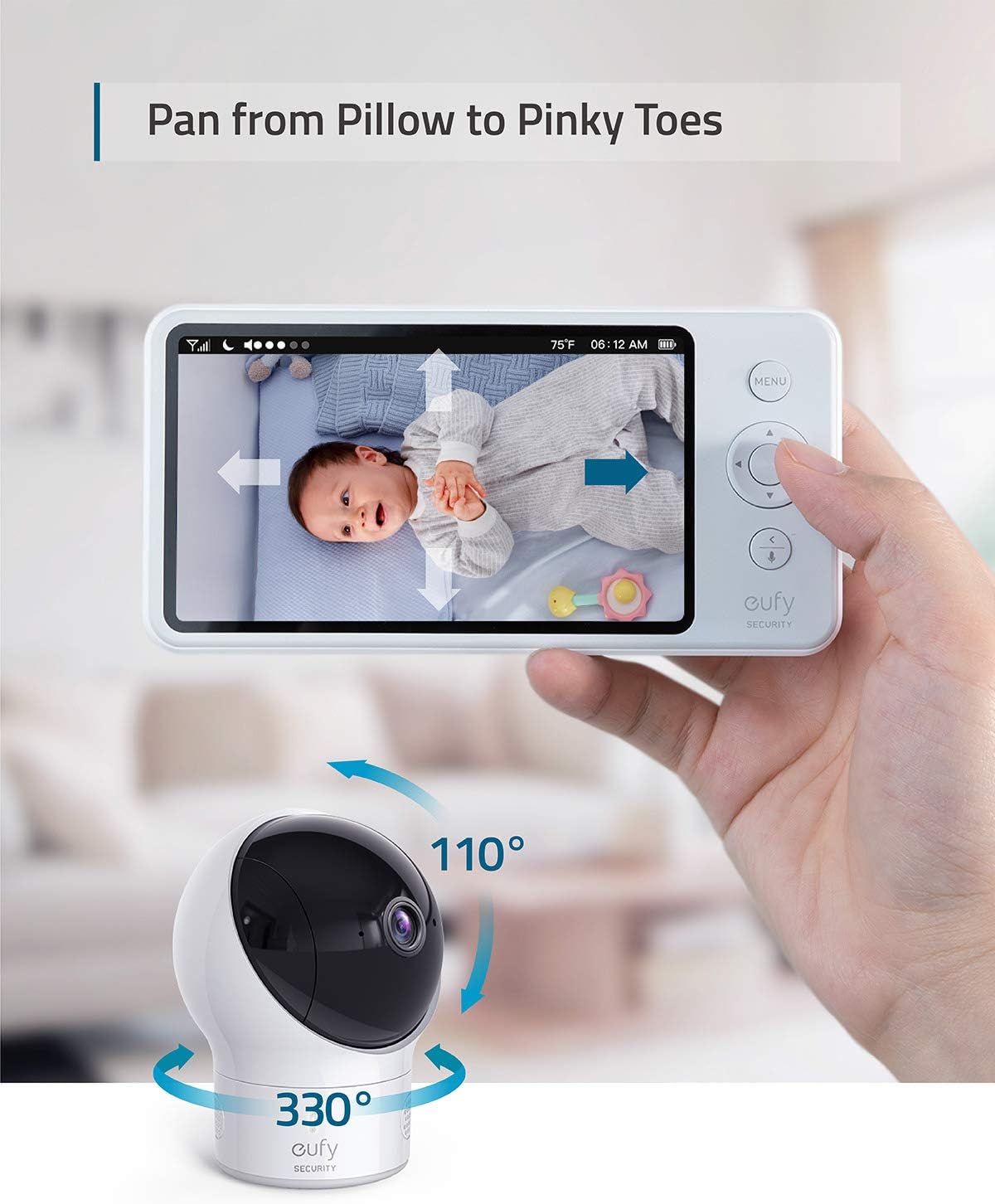 eufy Security Baby Monitor Spaceview E110 with Security Camera and 2-Way Audio, 720p HD Resolution, Night Vision, 5" Display, 110° Wide-Angle Lens Included, Lullaby Player, Sound Alert (Renewed)