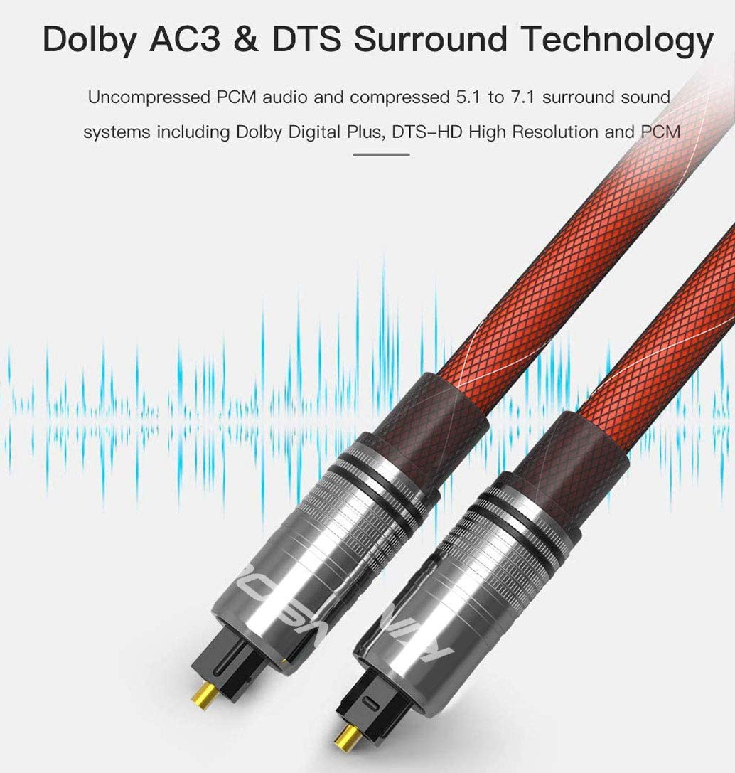 Kinsound Optical Audio Toslink Cable, Dolby Fiber Optic Cable with Gold-Plated Connectors Nylon Braided for Home Theater, Sound Bar, TV, Xbox, PS4, Projector & More 1M