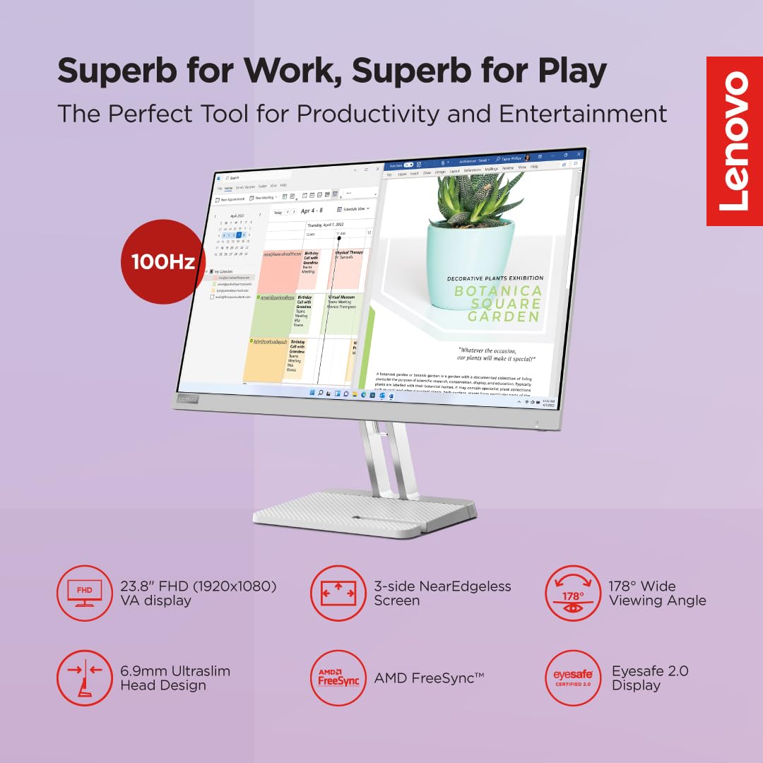 Lenovo L-Series 24 inch (60.45cm)| FHD Ultraslim Monitor| 100Hz, 72% NTSC, 4ms, AMD FreeSync, HDMI 1.4, VGA, Tilt Stand, for Home & Office use, 3 Year Warranty, Cloud Grey L24e-40