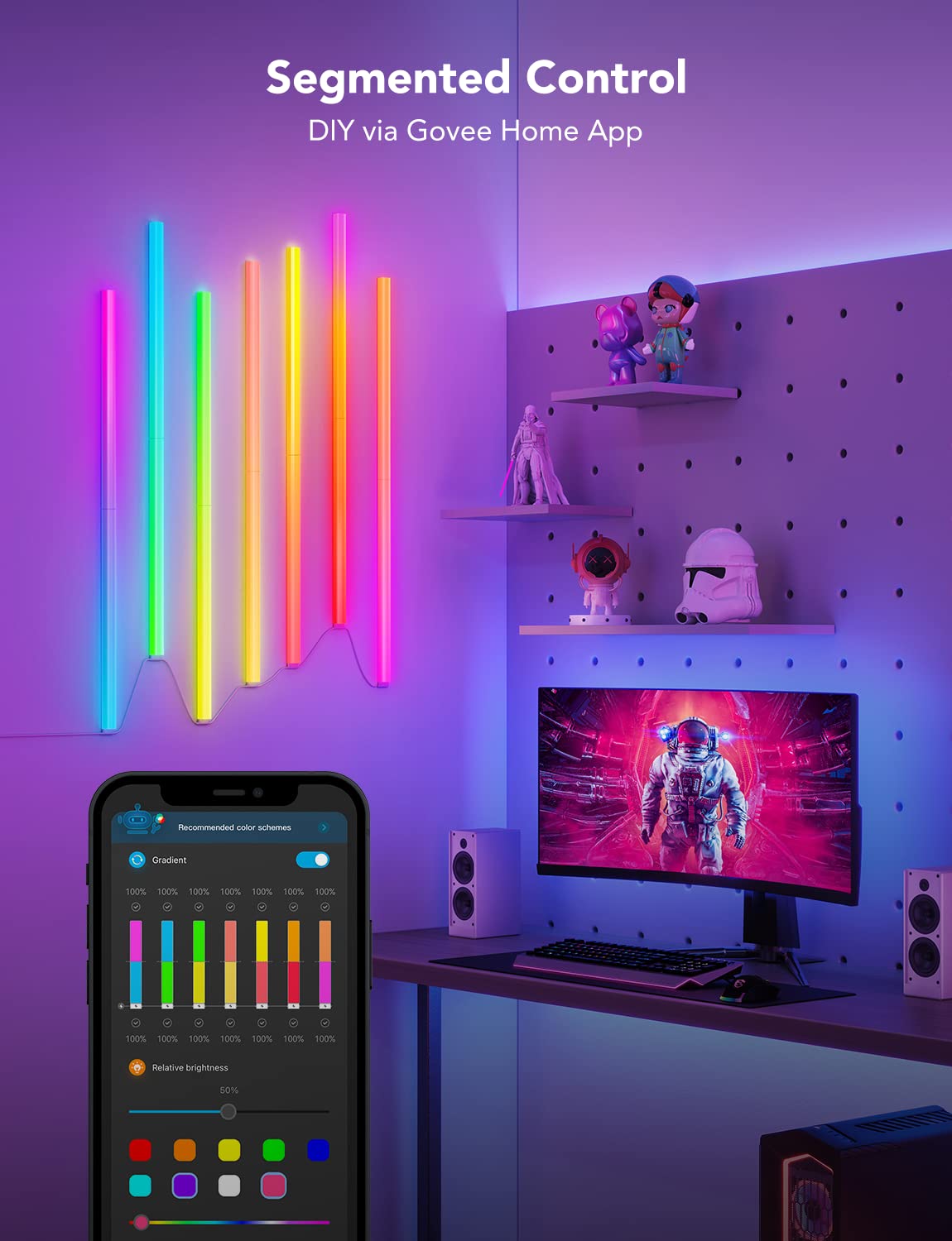 Govee 14 Pcs Glides Led Wall Light, Music Sync, Alexa & Google Assistant Compatible, Multicolor, Waterproof, 17 Inch Cable, Modern Style, Indoor Use