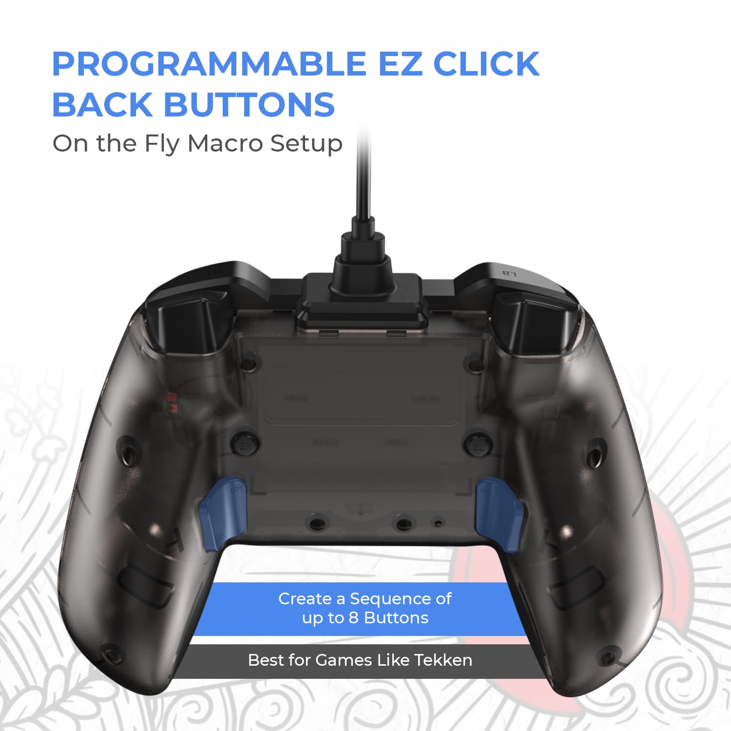 EvoFox Elite X Wired Gaming Controller for PC with 2 Programmable Macro Back Buttons, Adjustable Dual Vibration Motors,Turbo Mode,Analog Triggers, High Precision joysticks,Low Latency Plug and Play,Translucent Shell Controller for pc