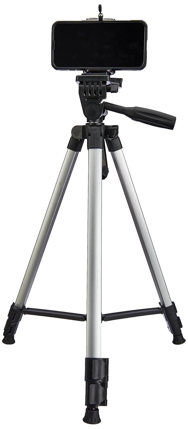 Amazon Basics Aluminium Professional Sturdy Tripod with Mobile Phone Holder Mount, 3-Way Head, Accessory Hook, and Carry Bag for All Smart Phones, GoPro, Cameras (35-125 cm)