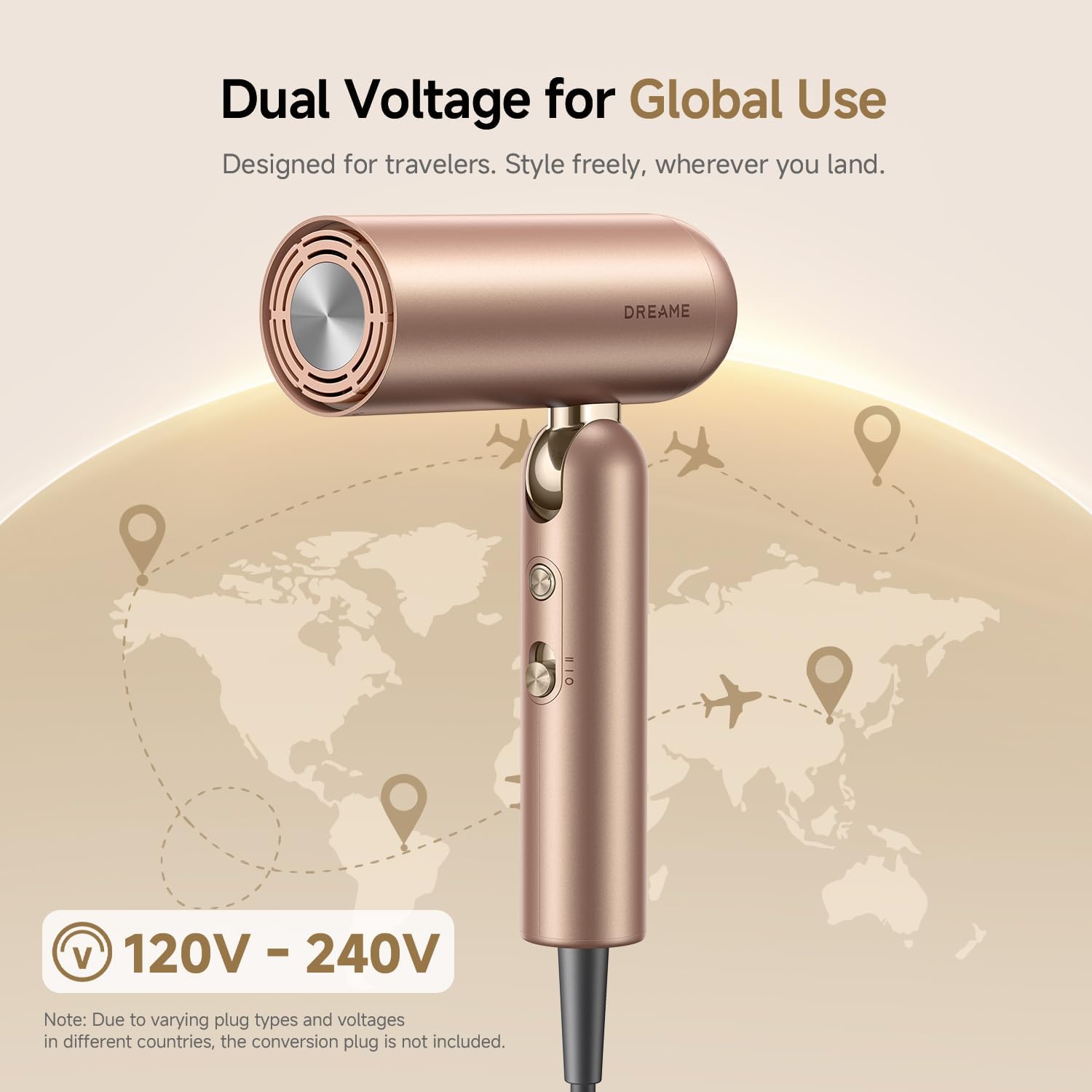 Dreame Pocket Pro Hair Dryer, Dual Voltage Travel Blow Dryer with Diffuser, 1300W Professional HighSpeed Ionic Hair Blower, Fast Drying, Low Noise, Lightweight, No Heat Damage, Global Travel 120V/240V