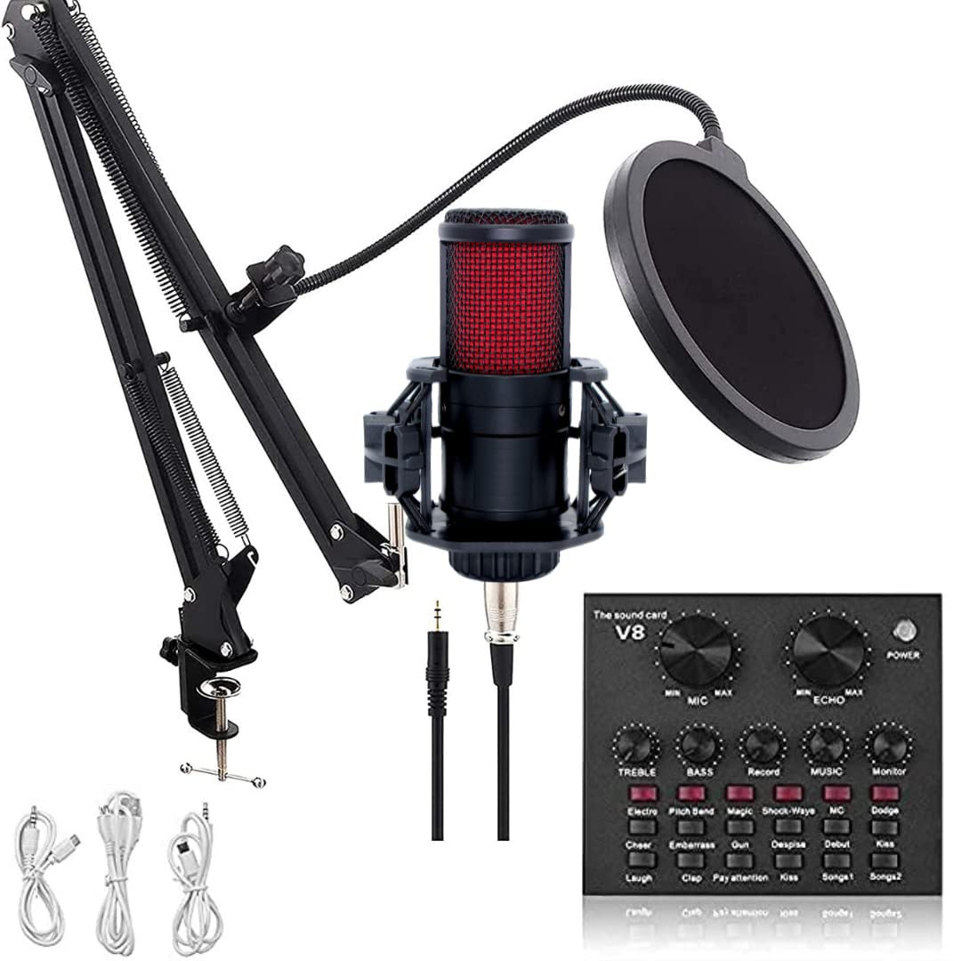 CEZO V500 Professional Condenser Microphone Kit Podcast Mic with V8 Sound Card Boom Arm Microphone with Stand | Microphone kit for Recording Studio Audio (V500+V8 Sound Card)