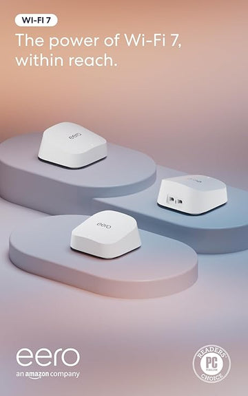 Amazon eero 7 with 1 month free eero Plus (auto-renews) - Supports internet plans up to 2.5 Gbps, Coverage up to 6,000 sq. ft., Connect 120+ devices, 3-pack(with 1 month free eero Plus)