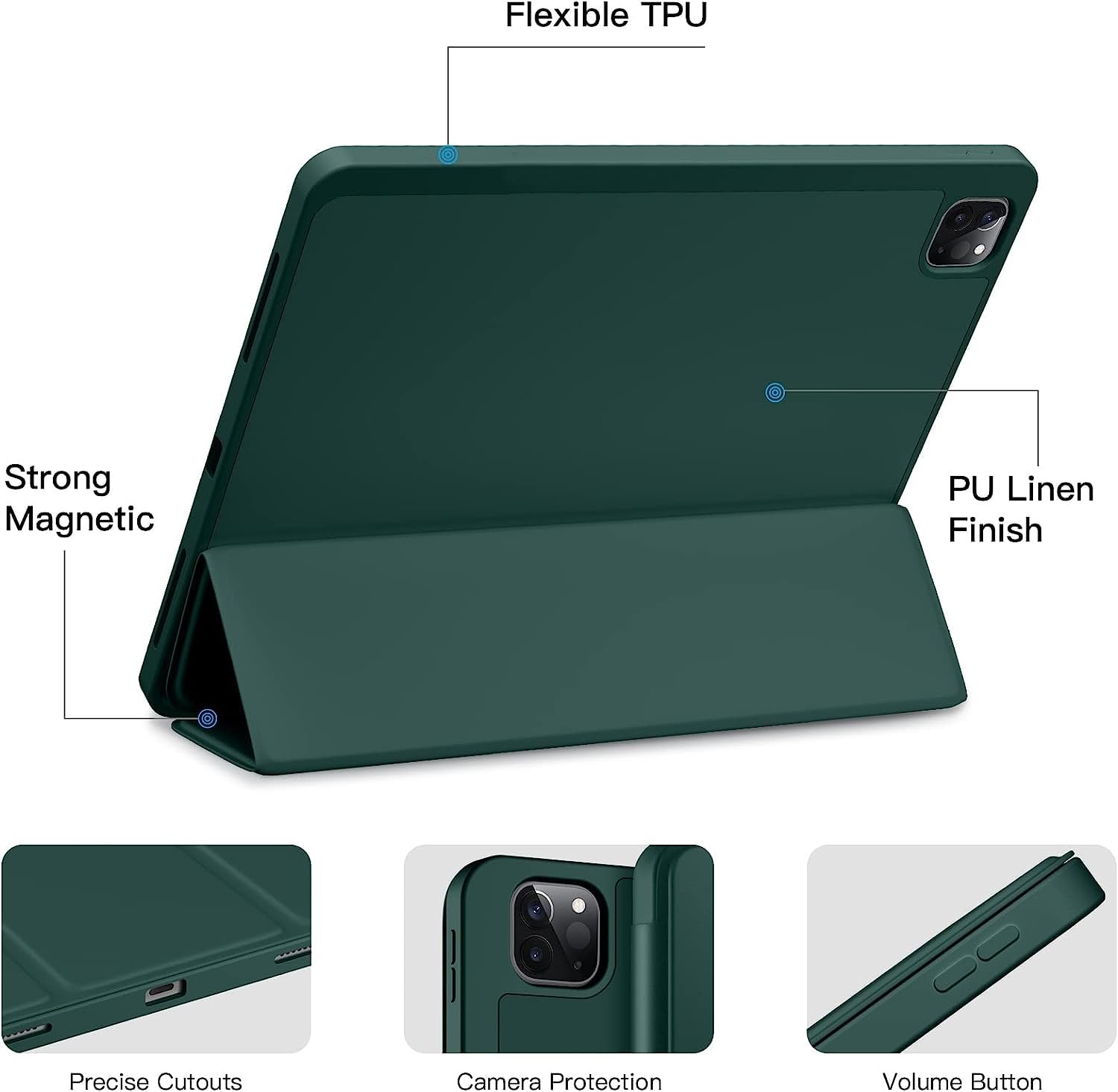 ProElite Smart Case for iPad Pro 12.9 inch 2022/2021 6th/5th Generation [Auto Sleep/Wake Cover] [Left Side Pencil Holder] [Soft Flexible Case with Stylus ] Recoil Series - Dark Green