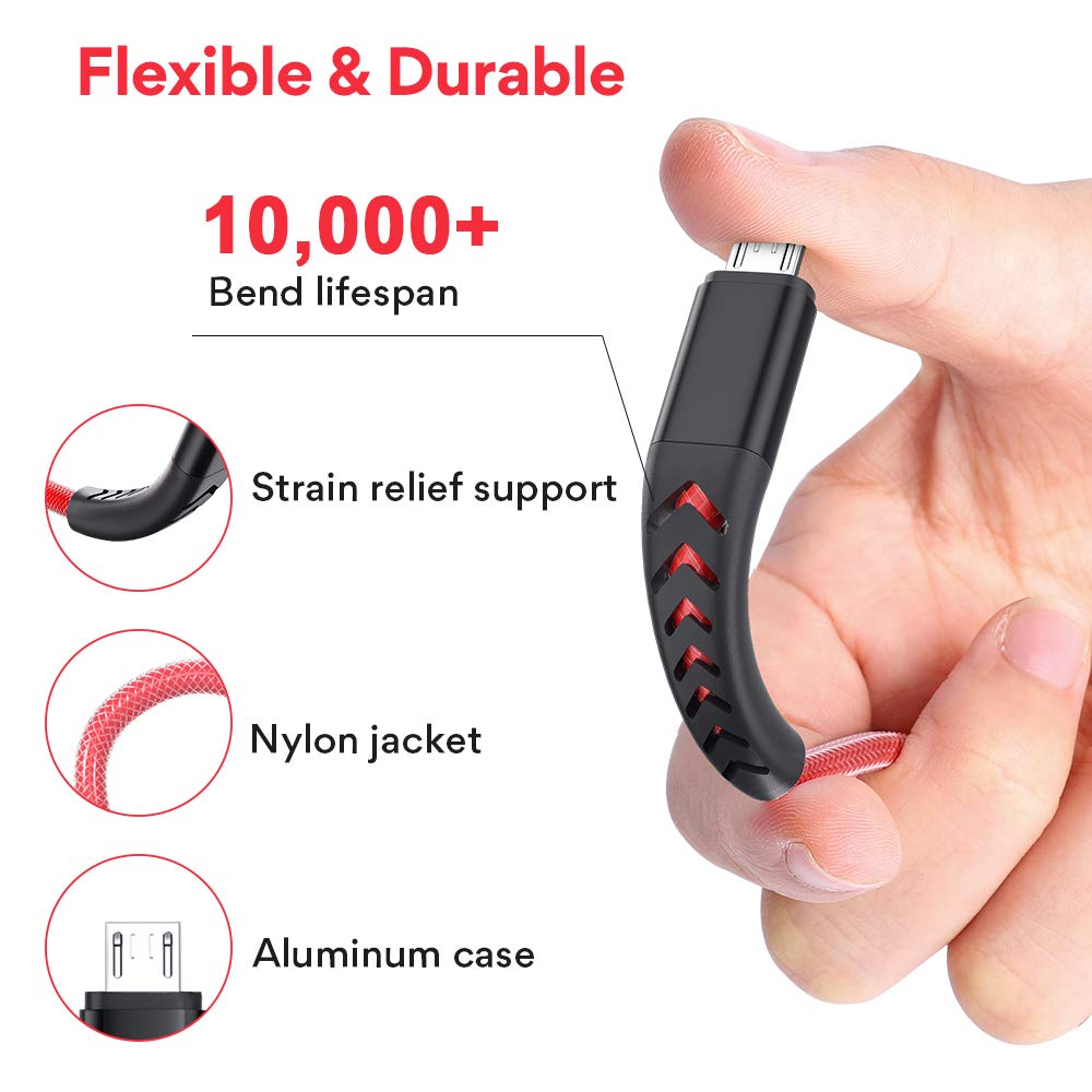 Maono UC201R-P3 Micro USB Fast Charging Cable, with High Speed Data Syncs for Android, 0.5m+1.5m+2m, Red, Pack of 1 with 3 Charging Cables