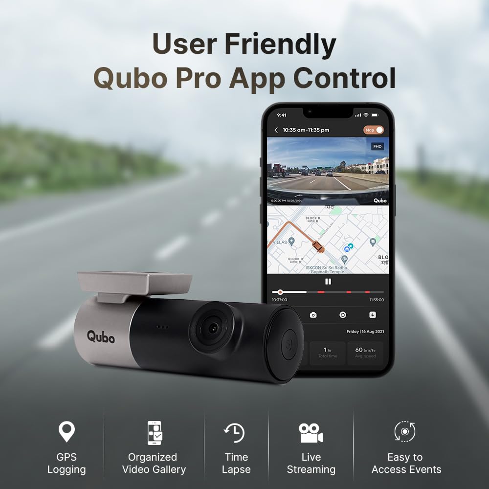 Qubo Car Dash Camera Pro (with GPS Logger) Dash Cam | from Hero Group | Made in India | Full HD 1080p | Wide Angle View | G-Sensor | Wi-Fi | Emergency Recording | Supports Up to 256 GB SD Card