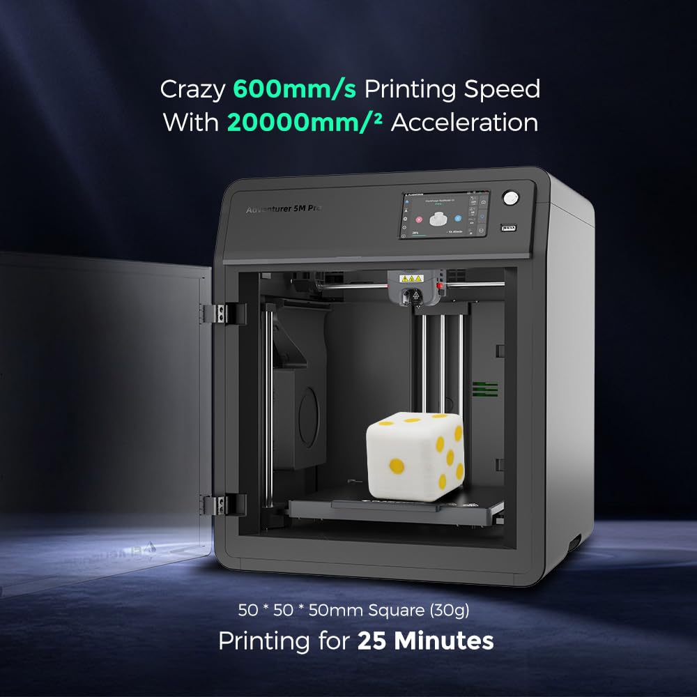 FLASHFORGE Adventurer 5M Pro 3D Printer 600mm/s High-Speed, 1 Click Fully Auto Leveling with 0.4&0.6mm Quick Detachable Nozzle Bundle, Auxiliary Chamber Cooling, Silent Printing and Remote Control