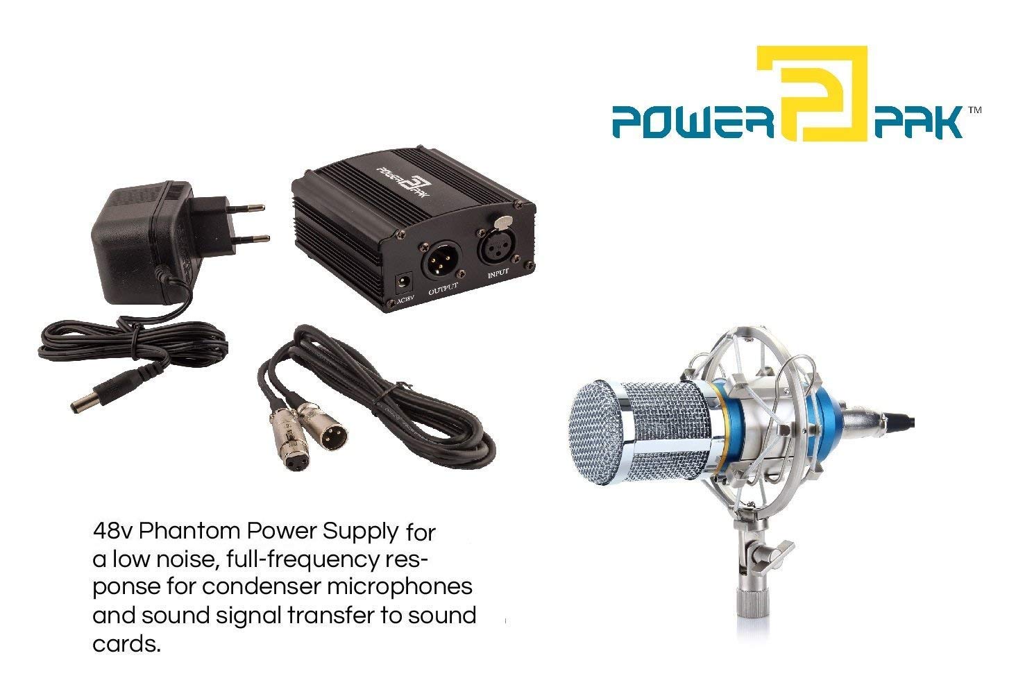 Powerpak 48V Phantom Power Supply 1 Channel for Condenser Microphone Music Recording Equipment (Black)