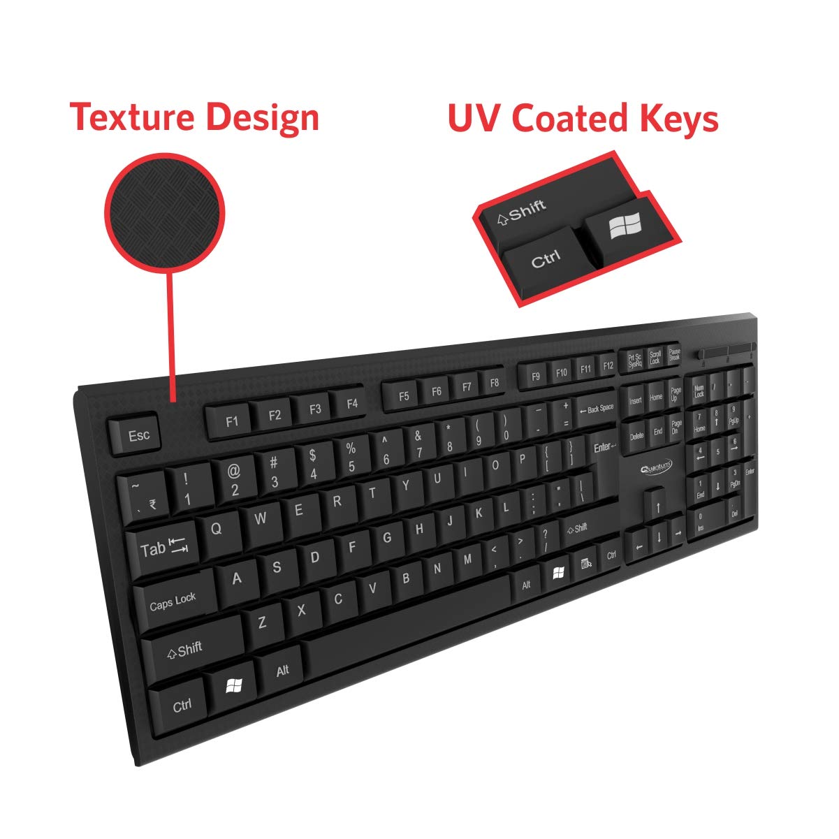 Quantum QHM-7406 Full-Sized Keyboard with (₹) Rupee Symbol, Hotkeys and 3-pieces LED function for Desktop/Laptop/Smart TV Spill-Resistant Wired USB Keyboard with 10 million keystrokes lifespan (Black)