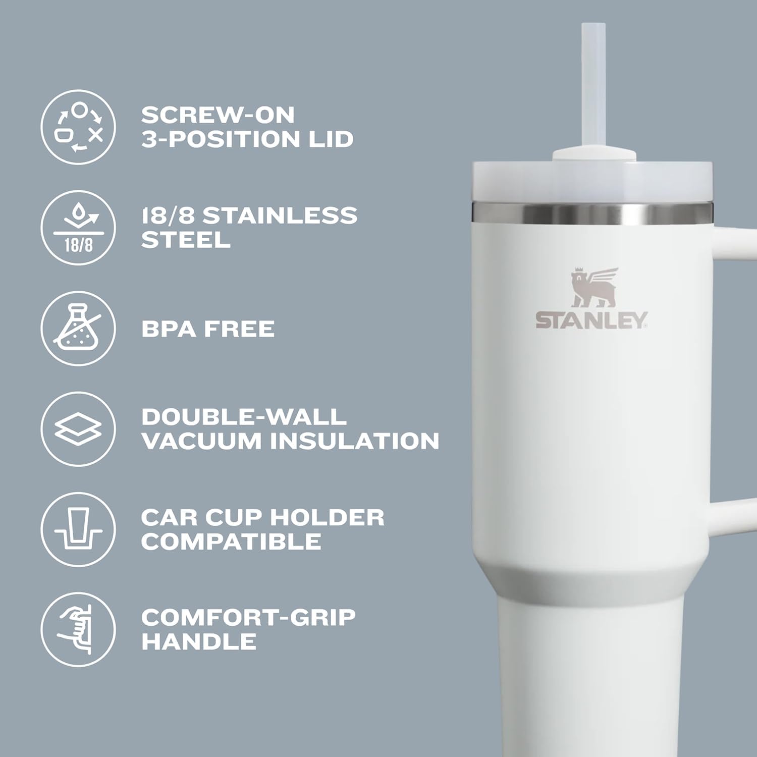 STANLEY Quencher H2.0 Tumbler with Handle and Straw 40 oz | Flowstate 3-Position Lid | Cup Holder Compatible for Travel | Insulated Stainless Steel Cup | BPA-Free | Lichen