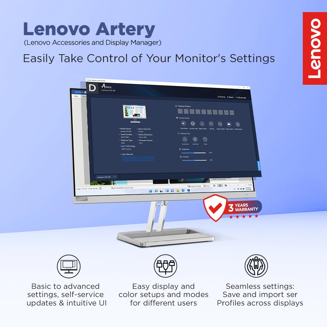 Lenovo L24i-4A, 24 inch (60.45cm), IPS, FHD 1920x1080, 100Hz, Cloud Grey, 1ms, FreeSync, 99% sRGB, 3Wx2 Speakers, HDMI 1.4, VGA, Tilt, Smart Display Customization Artery Monitor