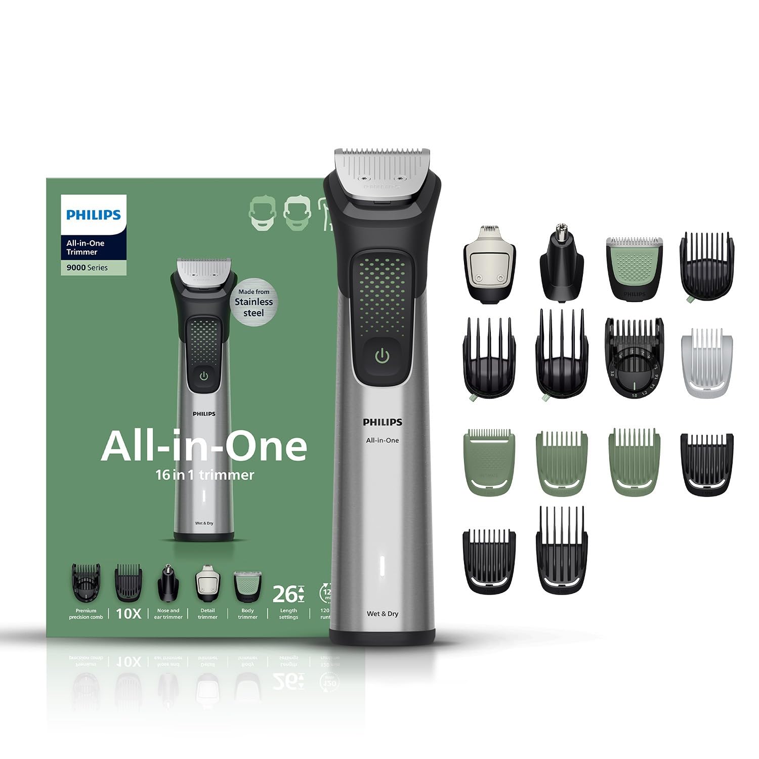 Philips India's No.1 Men's Trimmer | Pro Beardsense Technology | 15-In-1 Pro Kit - Face, Body & Private Parts | 3 Year Warranty | 120Min Runtime | 5 Min Quick Charge MG9551/65,Black