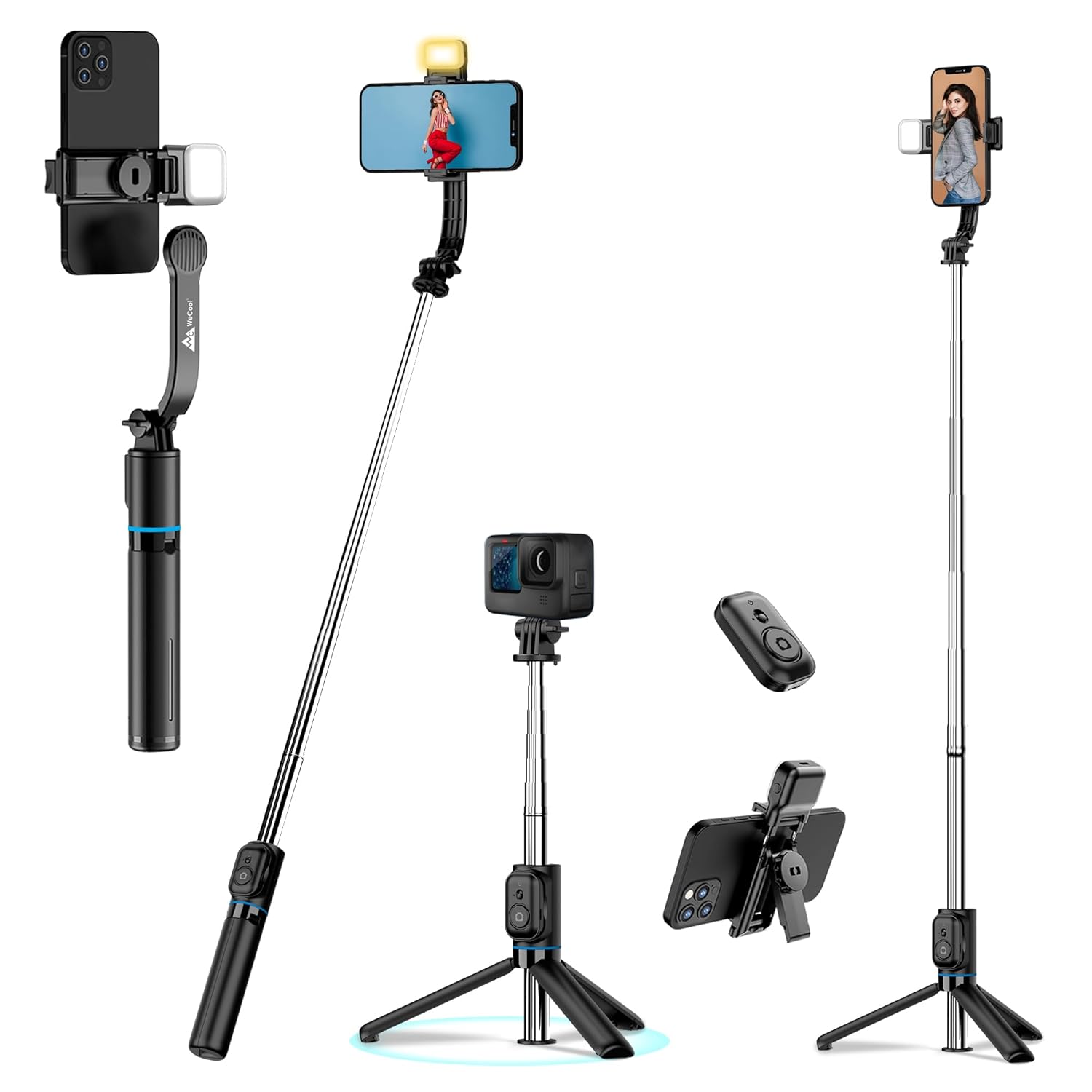 WeCool S4 Selfie Stick with Light in 6 Shades, 3 Colours & 2 Tones with Detachable Mobile Holder, Selfie Stick Extendable Upto 43 inc / 110cm, Tripod Stand...