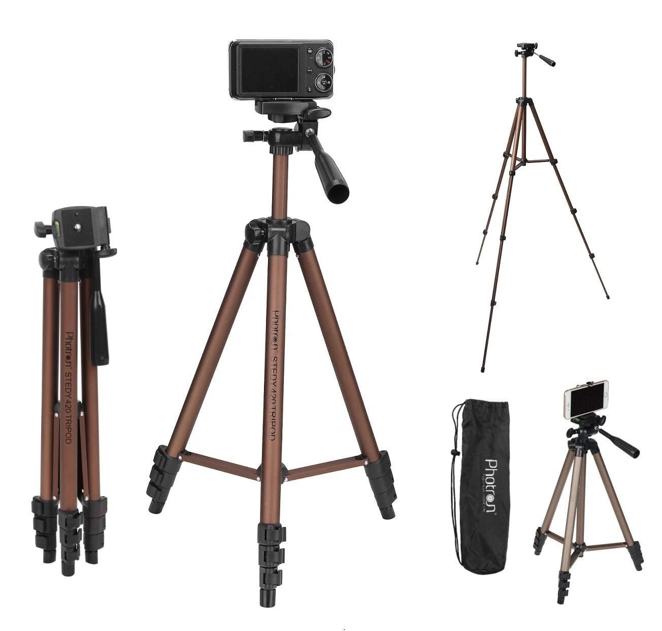 Photron Stedy 420 Tripod 127 cm (50 Inch) with Mobile Holder for Smart Phone, Camera| Extends to 1240mm (4 Feet) | Folds to 425mm(1.4 Feet) | Weight Load Capacity 2.5kg | Case Included, Copper