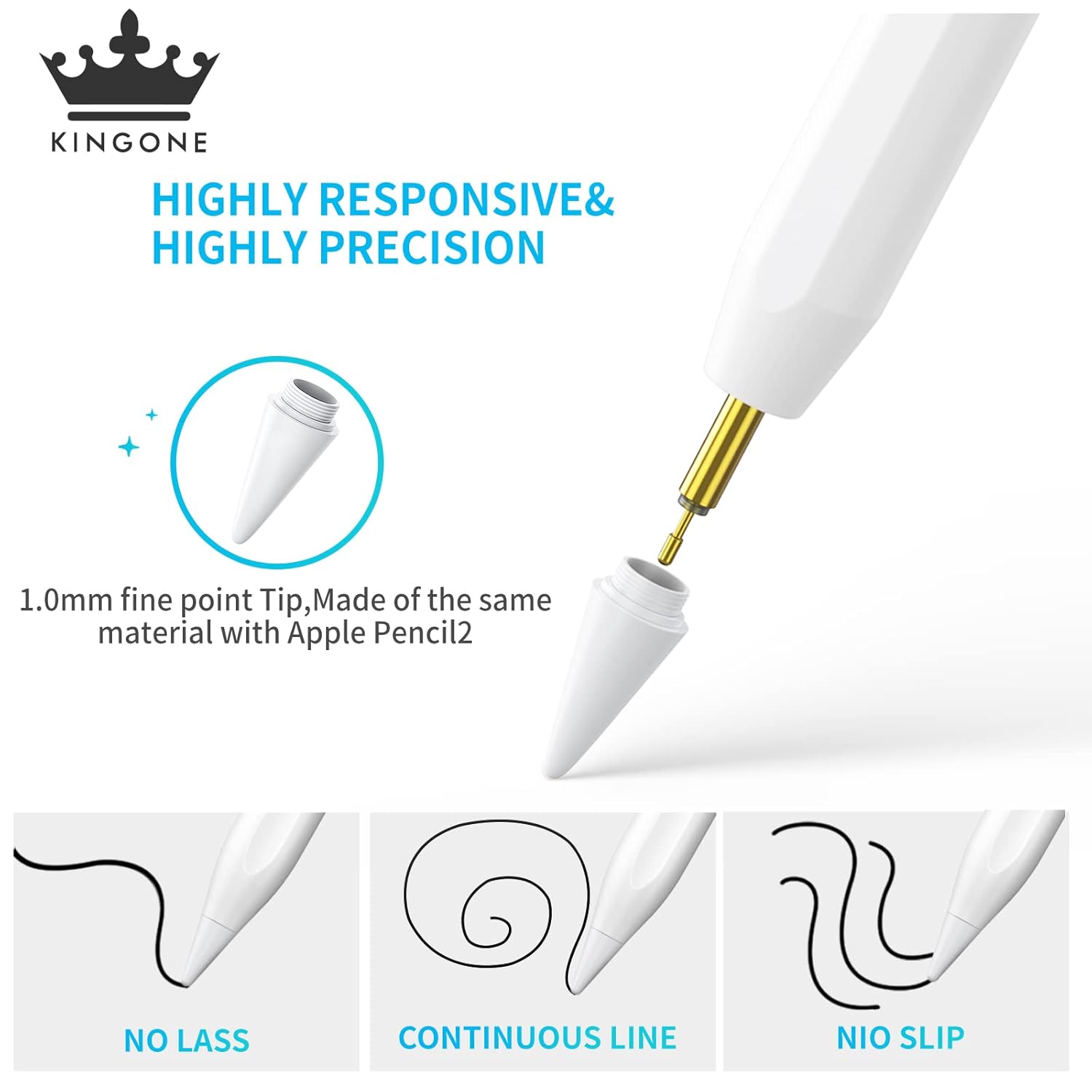 KINGONE Upgraded Stylus Pen, iPad Pencil, Ultra High Precision&Sensitivity, Palm Rejection, Prevents False ON/Off Touch, Power Display, Tilt Sensitivity, Magnetic Adsorption for iPad 2018&Later, White