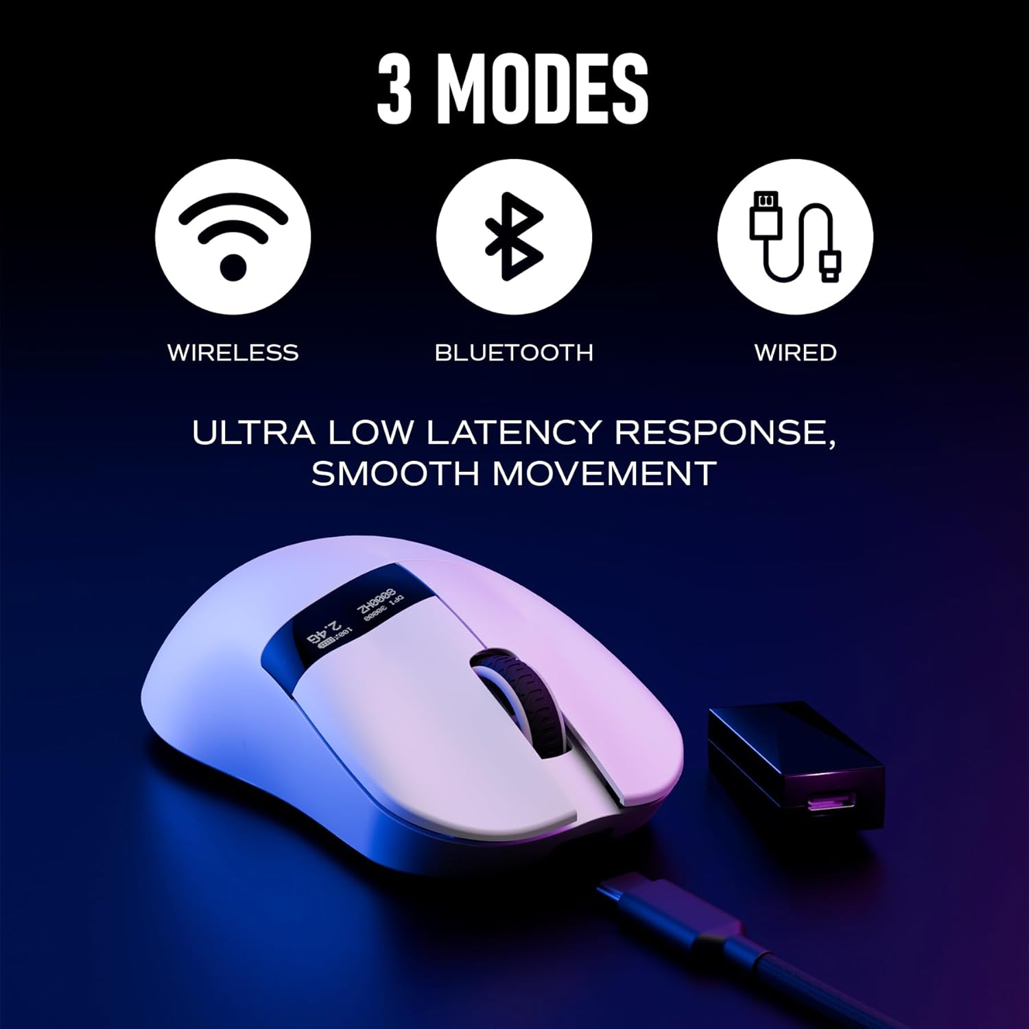 OOCTPK Chilkey Glacier LW 8K M Wireless Gaming Mouse with Screen - 49g Super Lightweight - Dual 8K Polling - Maximum 30000 DPI - Optical Switch - Tri-Mode 2.4G/USB-C/Bluetooth 5.2 - White