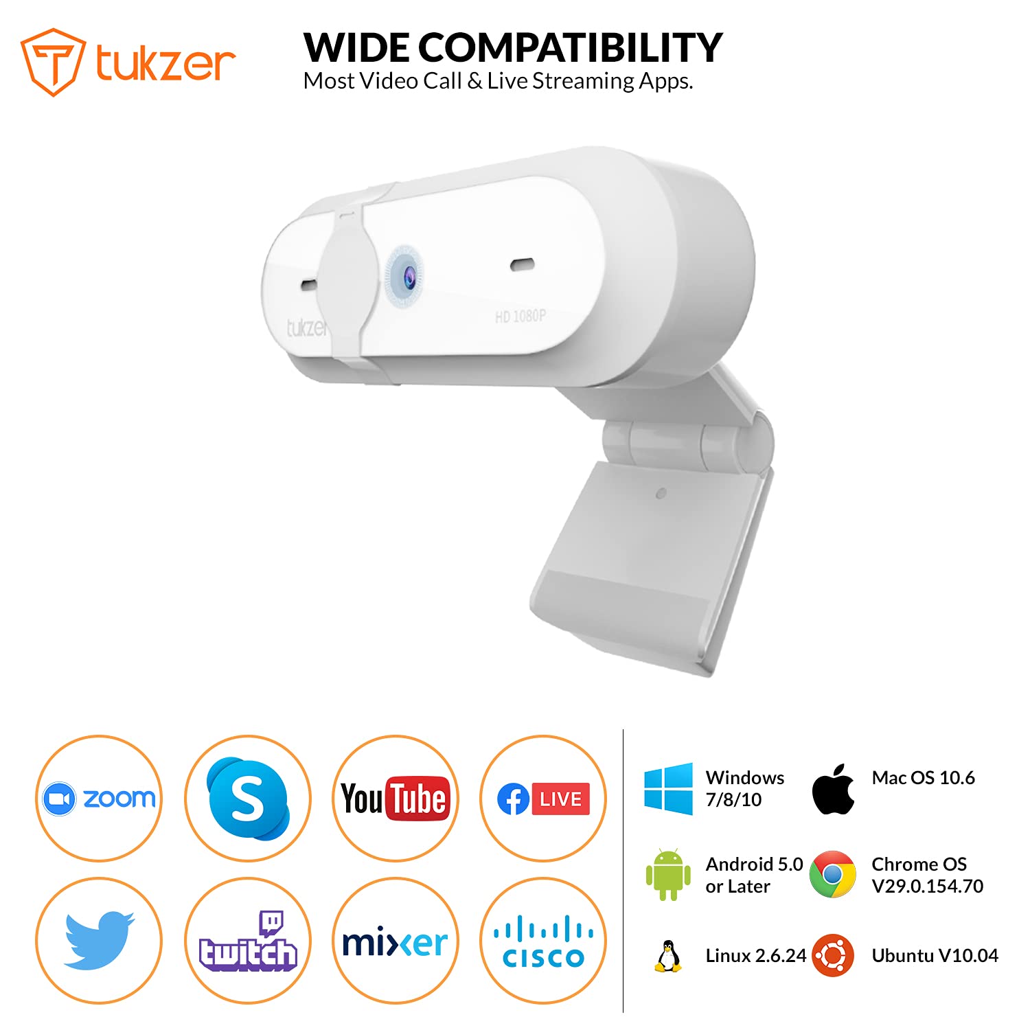 Tukzer 2.1 MP Optical Full HD 1080P Web Camera, CMOS Webcam with Microphone| Privacy Cover| Auto-Focus| 360° Rotatable, Tripod Ready Mount | Plug-n-Play USB for Windows, Mac (White)