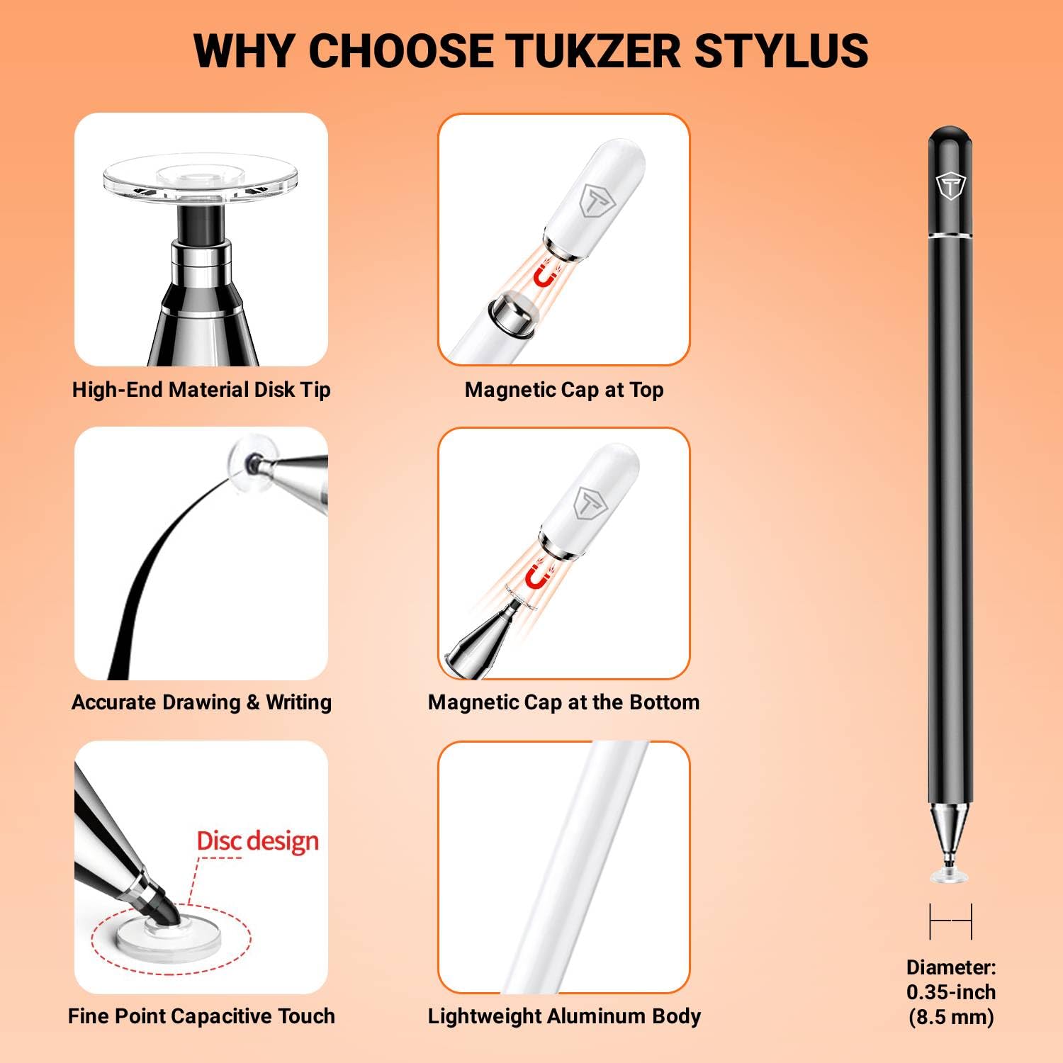 Tukzer Universal Stylus Pen for Smartphone/Tablet/iPad/Pro/Air/iPhone/iOS/Android/All Touch Screens Devices| Fine Point Disc Tip, Lightweight Aluminum Body Magnetic Cap Drawing Writing (Black)