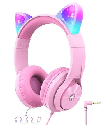 iClever Kids Headphones for Girls Gift Over Ear Headphones, Wired Cat Ear Led Light Up Children Headphones,94dB Volume Limited Foldable Earphones for Kids School, Travel, Music