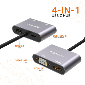 Amazon Basics 4-in-1 Hub Multiport Adapter with HDMI 4K, VGA 1080P, USB 3.0, 100W USB-C PD Port for PC, MacBook, Mac mini, iMac, and Tablet