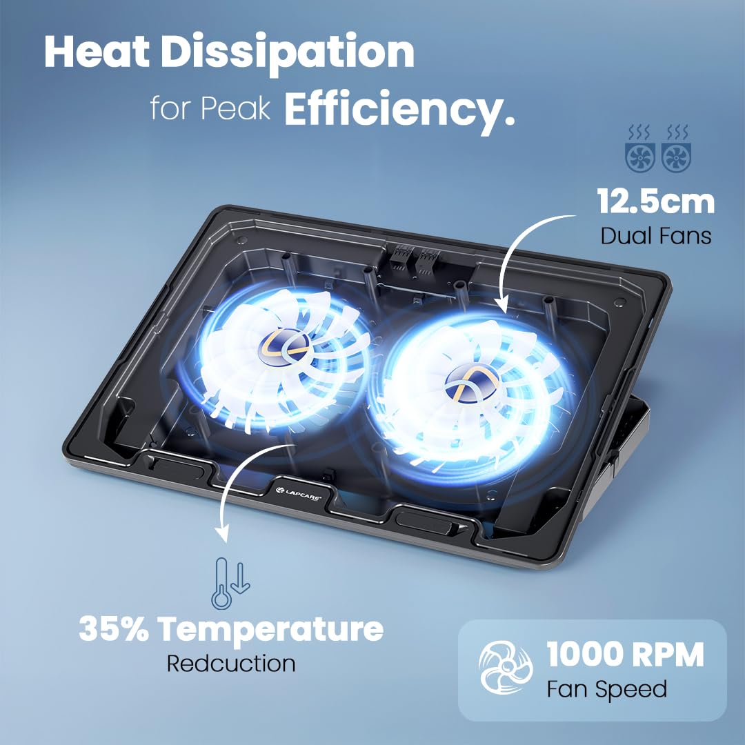 Lapcare Chillmate Powerful Laptop Cooler Pad with Dual 125mm Fans, Silent Operation Noiseless Fan, Dual USB Ports, 5 Step Retractable Stand and Removable Mobile Holder