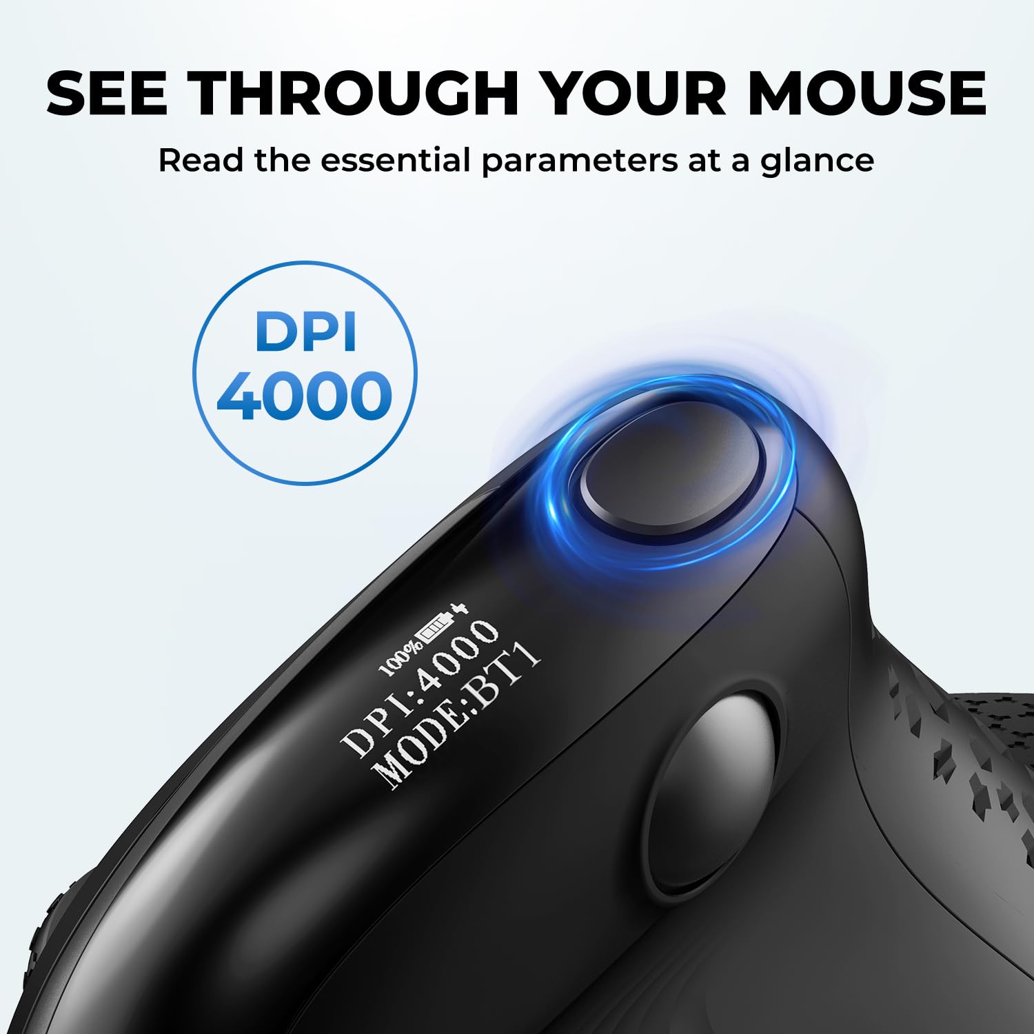 DeLUX Seeker Wireless Ergonomic Vertical Mouse with OLED Screen, BT and USB Receiver, Connect with Up to 4 Devices, Thumb Wheel, 4000DPI, Programmable Rechargeable Silent Mouse(M618XSD-Black)