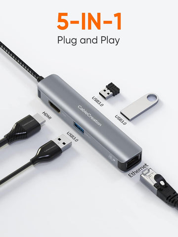 CableCreation USB C Hub Multiport Adapter, 5-in-1 USB C Adapter Aluminum Shell with 4K USB C to HDMI, Ethernet Port, 3 USB 3.0 Ports for MacBook Pro/Air 2020/2019, iPad Pro 2020, iPhone 15 Pro Max