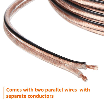 amazon basics 16-Gauge/AWG Speaker Wire, Oxygen-Free Copper, Two Conductors, Audio Speaker Cable for Car, Stereo, Subwoofer, Home Theatre, Hi-Fi Surround Sound (100 Feet, Copper, Transparent)