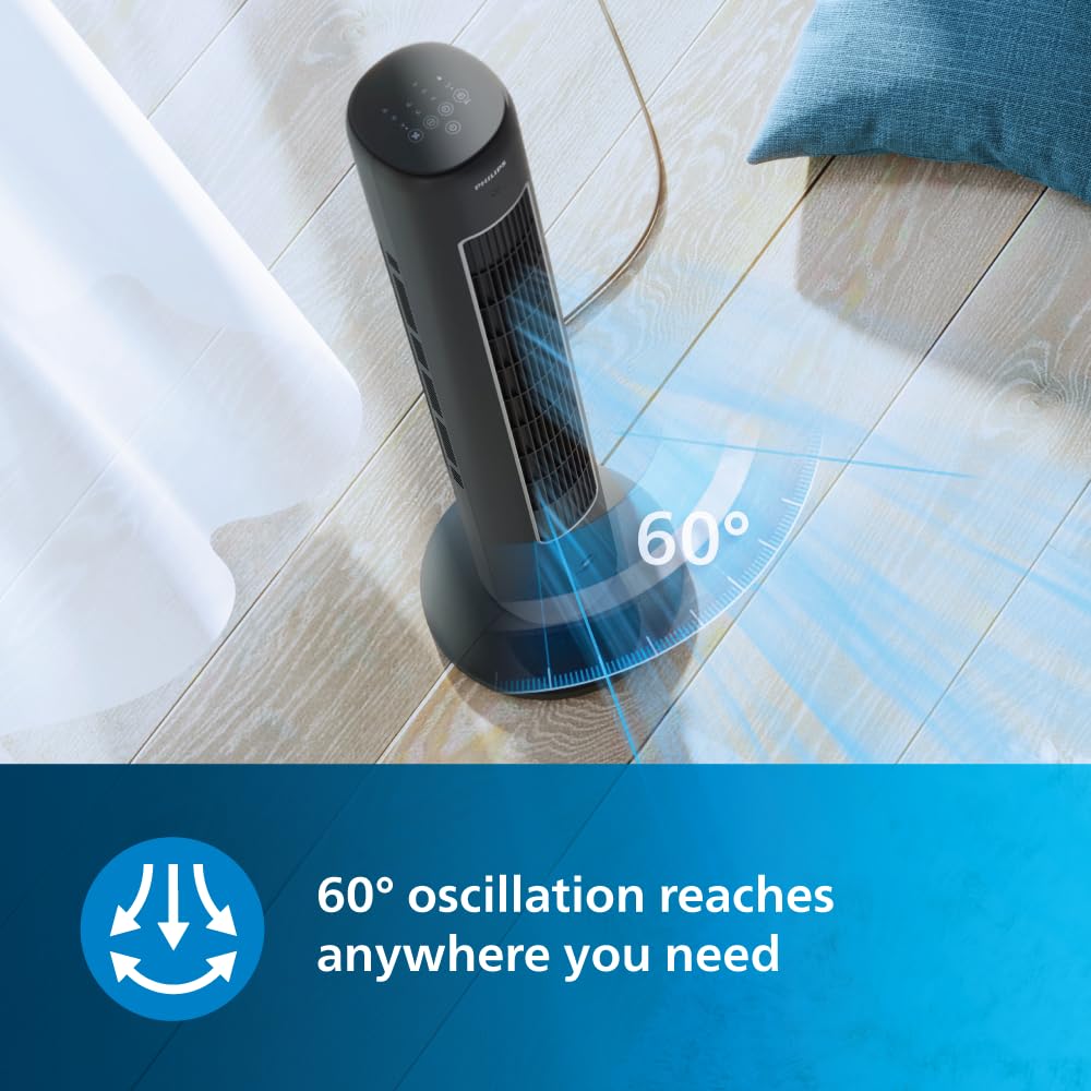PHILIPS CX 5535/11 High Performance Bladeless Technology Tower Fan with Touchscreen Panel and Remote Control, Quiet Operation, Low Power Consumption and Lightweight Portable Body., Black, 400 mm