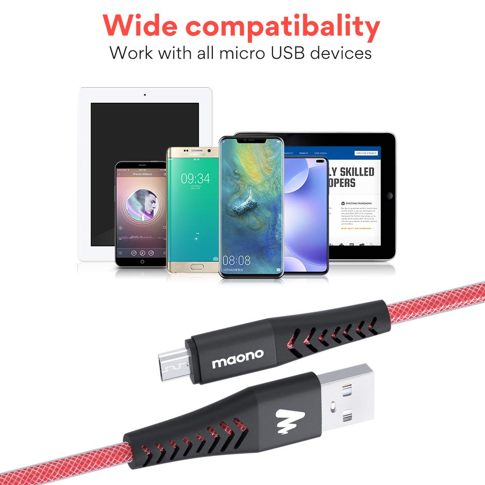 Maono UC201R-P3 Micro USB Fast Charging Cable, with High Speed Data Syncs for Android, 0.5m+1.5m+2m, Red, Pack of 1 with 3 Charging Cables