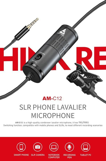 Audio Array AM-C12 Lapel Microphone | 6M Shielded Cable | Metal Build | Upto 1080hr Battery | Mobile & DSLR Support | 3.5mm Connector | Omnidirectional Pickup | Hard Case Included