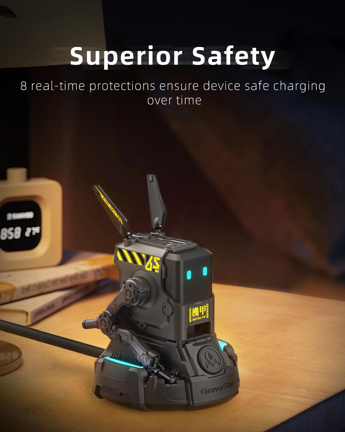 GravaStar 65W Alpha65 Robot Fast GaN Charger Block, 3-Port Fast Charger, Foldable Wall USB C Charger for iPhone, MacBook, iPad, Laptop, Steam Deck, Gifts for Men (65W, Gray)