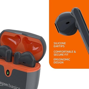 amazon basics True Wireless in-Ear Earbuds with Mic, Touch Control, IPX5 Water-Resistance, Bluetooth 5.3, Up to 30 Hours Play Time, Voice Assistance and Fast Charging (Grey)