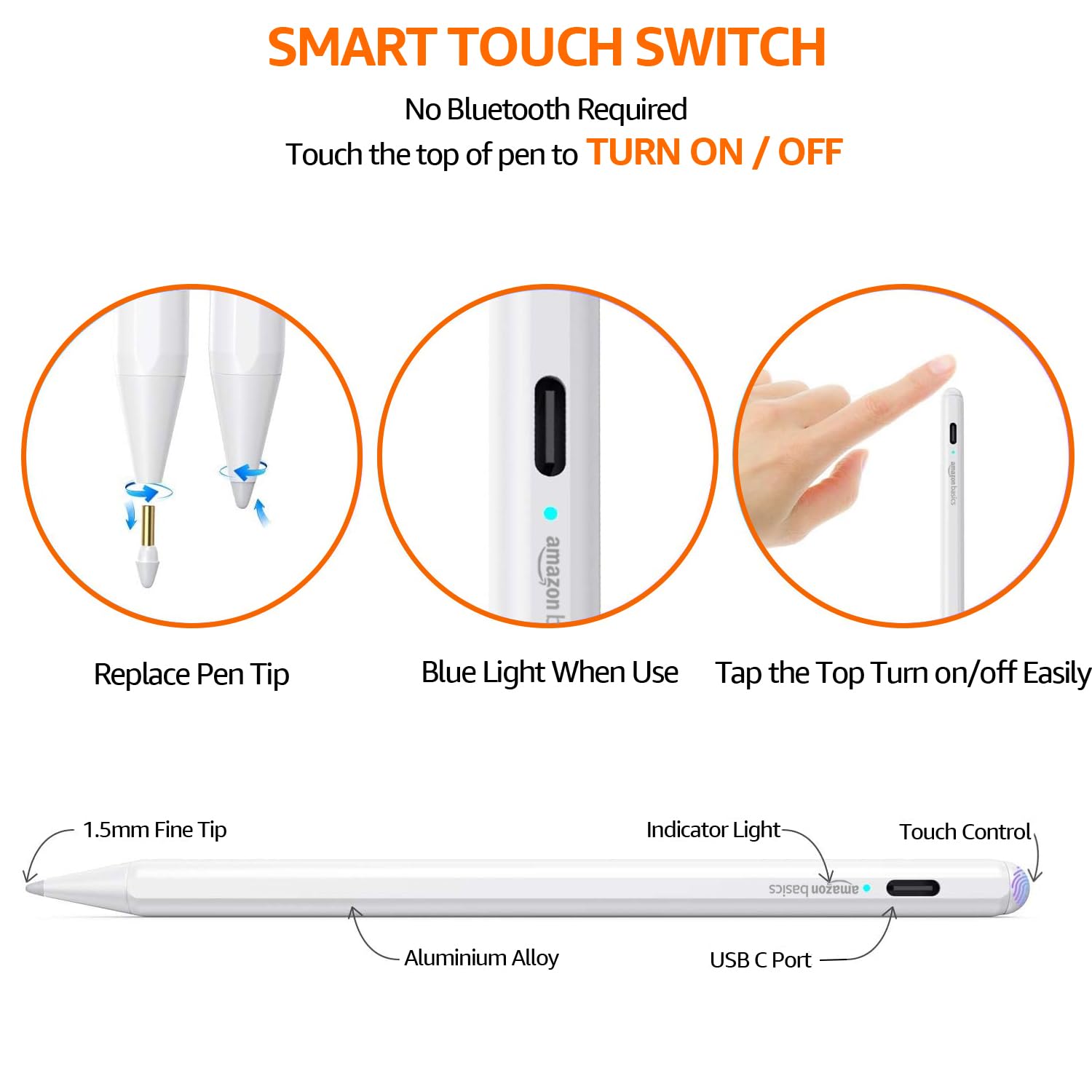 Amazon Basics Universal Stylus Pen for Touch Screens | Android, iOS (iPad and iPad Pro) | Fine Point Stylus Pen (White)