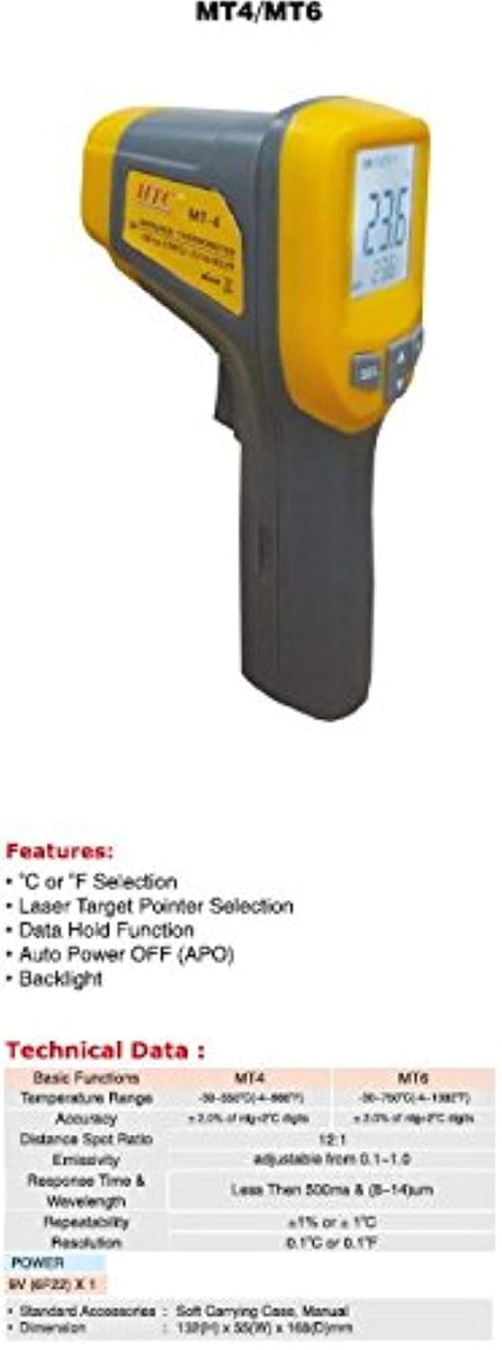 HTC Instrument MT-4 Digital Non Contact IR Infrared Temperature Gun Thermometer For Industrial Purpose Only (Multicolour)