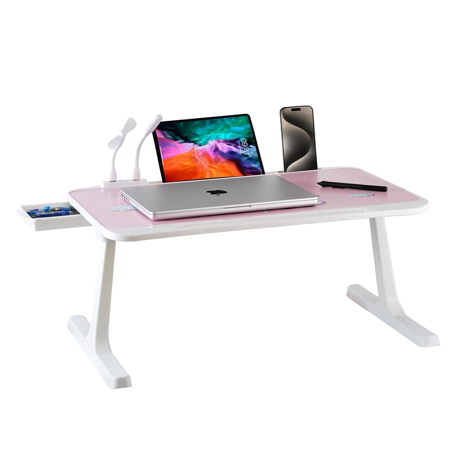 GoRogue Laptop Table for Bed & Sofa, Foldable Desk with Cup Holder, Drawer & Built-in USB Hub with Free Mini Fan, LED Lamp (Pink)