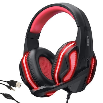 AirSound Alpha-3 Stereo Gaming Headset for Noise Cancelling Over-Ear Headphones with Mic, Red LED, Bass Surround, Soft Memory Earmuffs for All Laptop