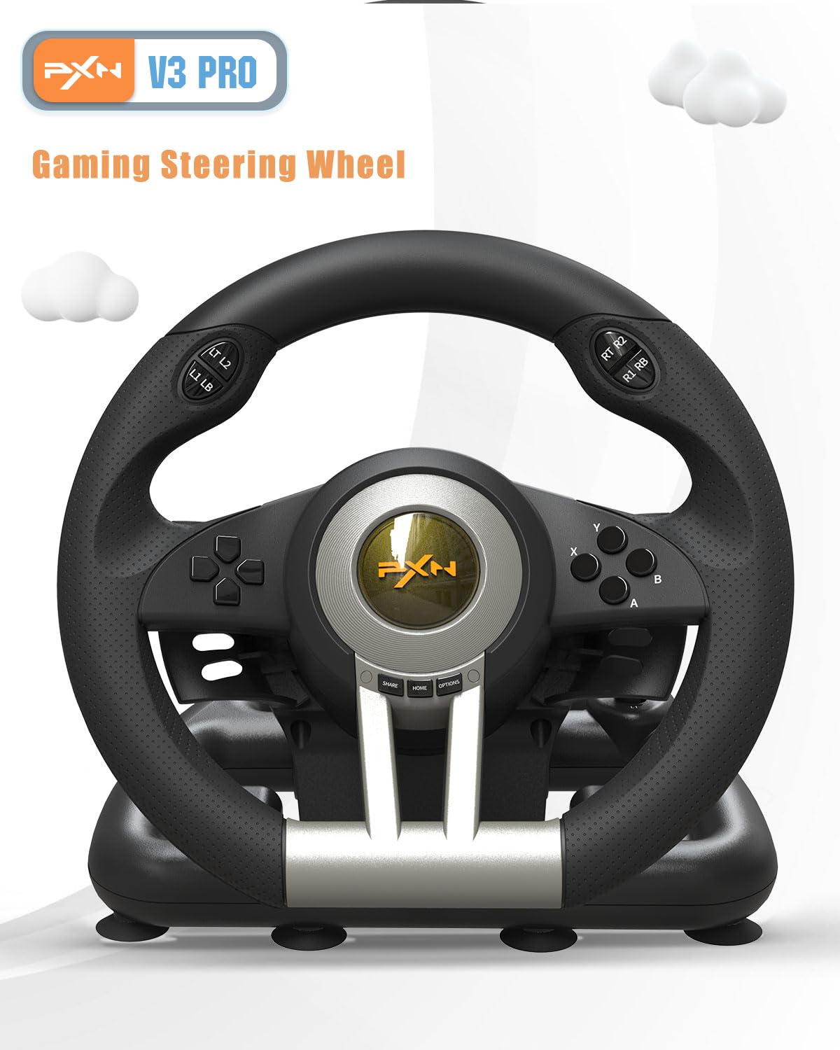 PXN V3 Pro Racing Steering Wheel and Pedals, 180° Steering Wheel with Pedal Board, Paddle Shifters and Vibration Feedback, Game Steering Wheel for PS4, Xbox One, PC, Xbox Series X|S, PS3, Switch -
