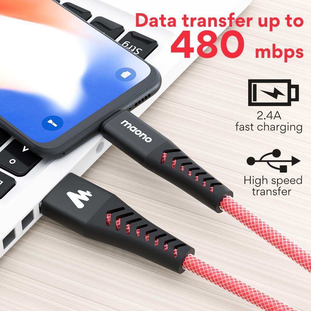 Maono UC201R-P3 Micro USB Fast Charging Cable, with High Speed Data Syncs for Android, 0.5m+1.5m+2m, Red, Pack of 1 with 3 Charging Cables