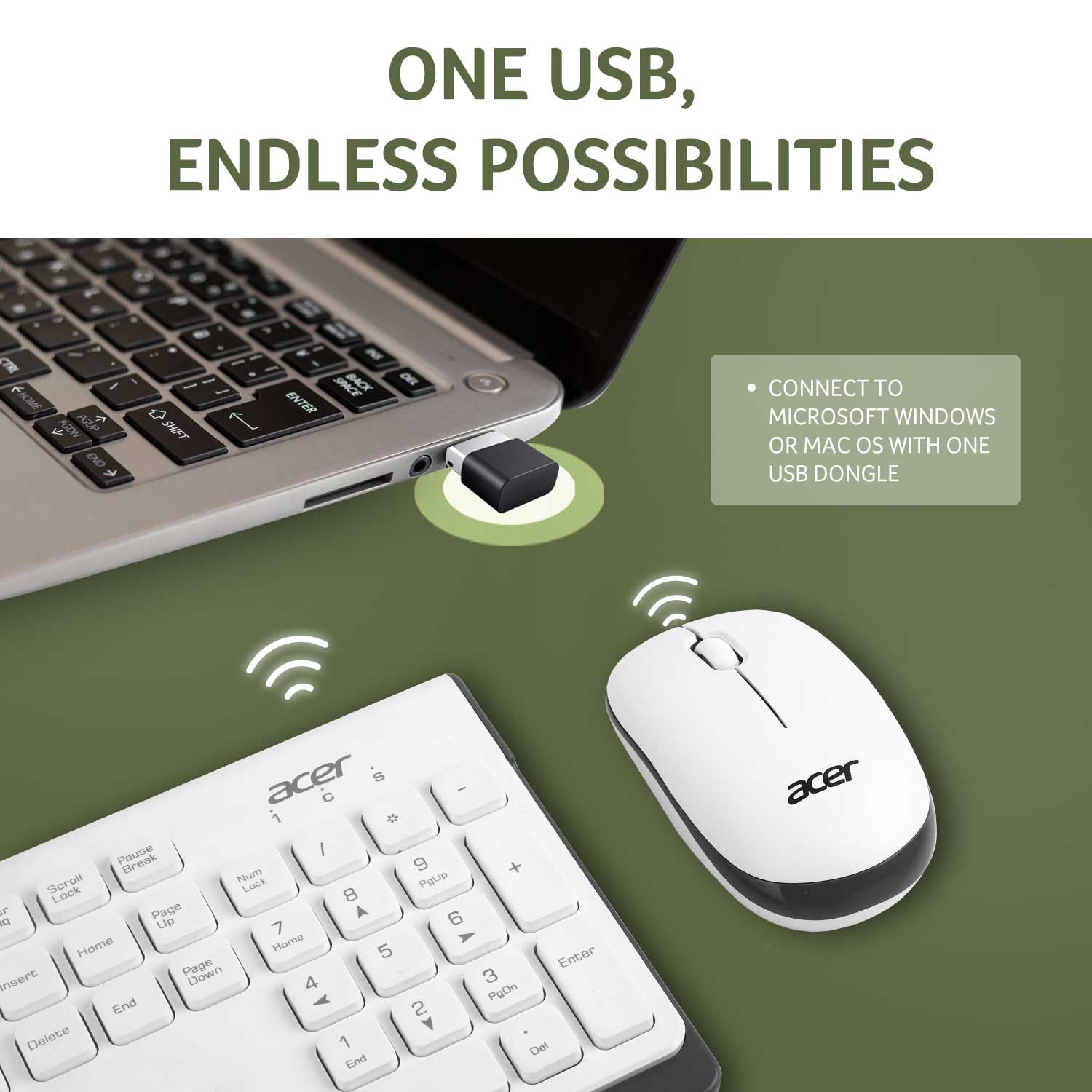 Acer Wireless Keyboard & Mouse Combo with Attractive Durable Design, 2.4GHz Nano Receiver, 10m Range, Indian Rupee Key Code, 1600 DPI, 10M Keystrokes Life for Microsoft Windows and Mac OS (White/Grey)