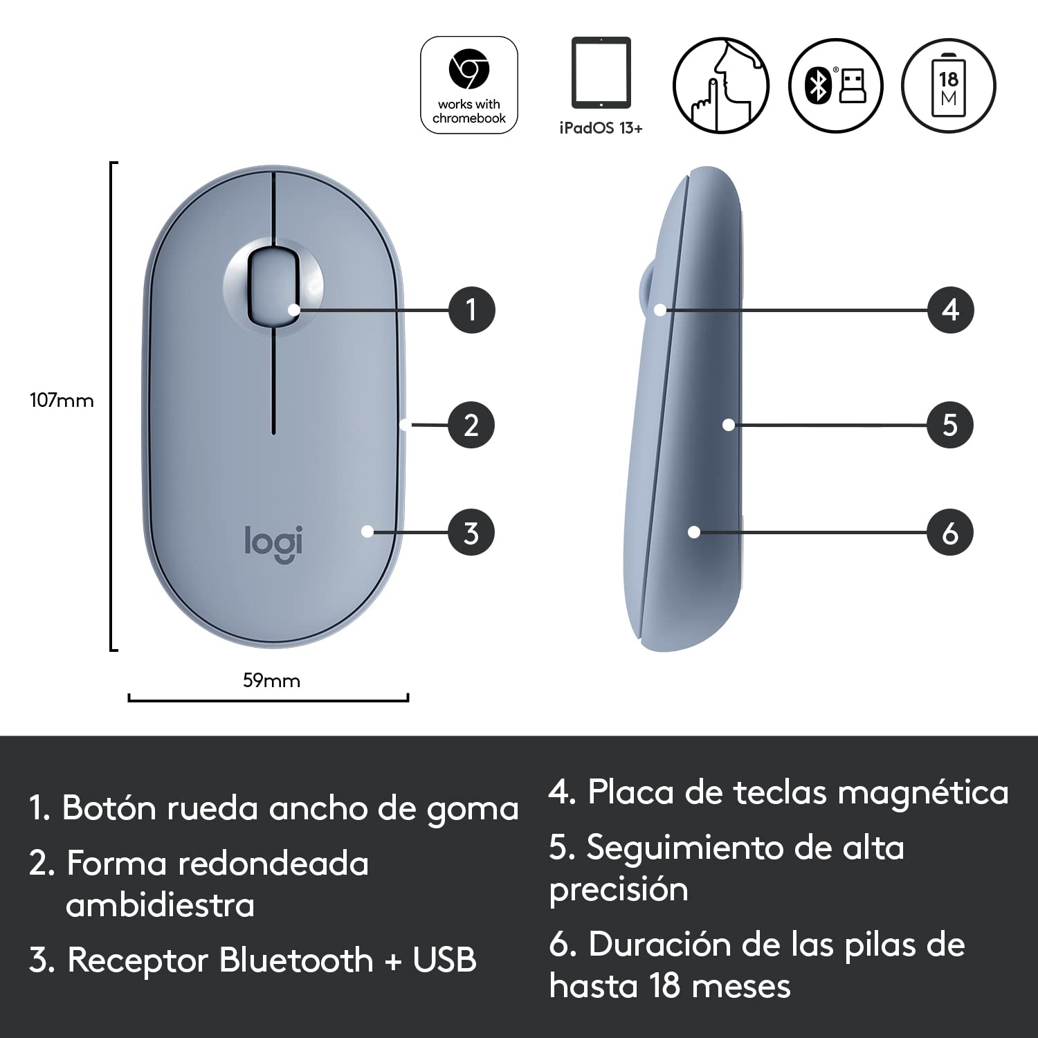Logitech Pebble M350 Wireless Mouse with Bluetooth or USB - Silent, Slim Computer Mouse with Quiet Click for Laptop, Notebook, PC and Mac - Blue Grey