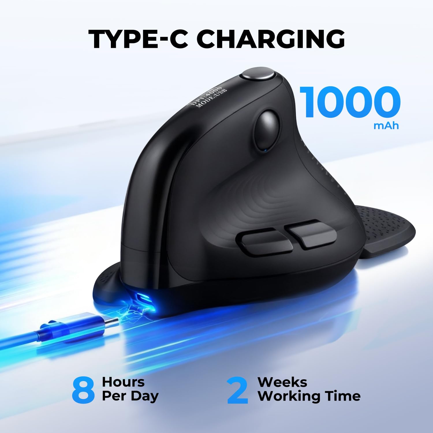 DeLUX Seeker Wireless Ergonomic Vertical Mouse with OLED Screen, BT and USB Receiver, Connect with Up to 4 Devices, Thumb Wheel, 4000DPI, Programmable Rechargeable Silent Mouse(M618XSD-Black)