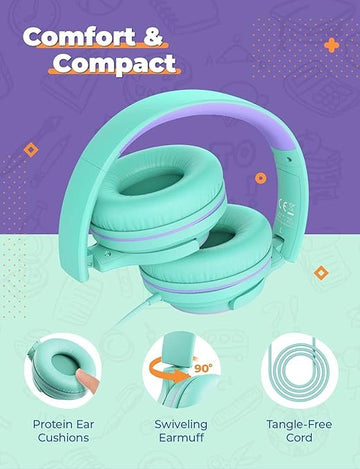 iClever Headphones for Girls with Mic Kids Headphones Wired, [2 Pack] 94dB Safe Volume Limited, Sharing Splitter, Tangle-Free Foldable Stereo Child Headset for Online School/Travel/iPad, Green&Blue