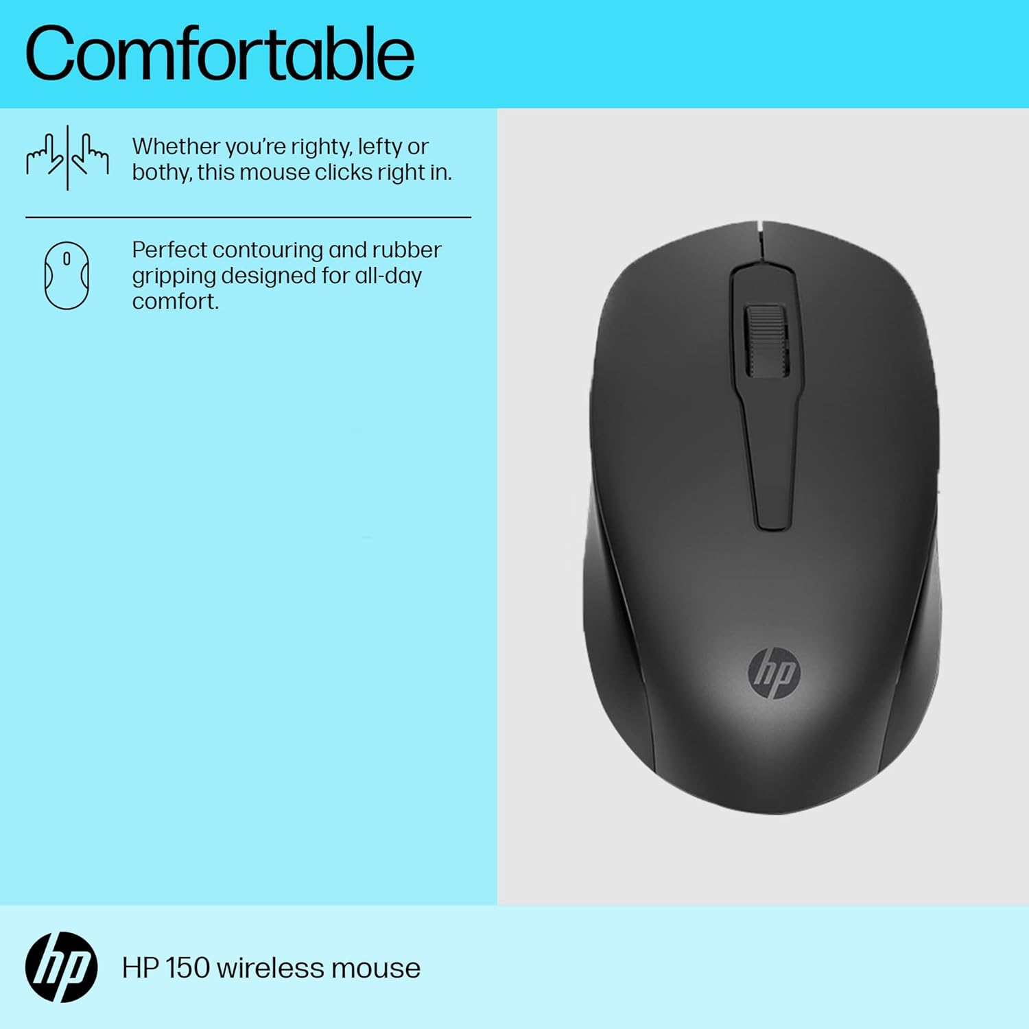 HP 150 Wireless USB Mouse with Ergonomic and ambidextrous Design, 1600 DPI Optical Tracking, 2.4 GHz Wireless connectivity, Dual-Function Scroll Wheel and 12 Month Long Battery Life