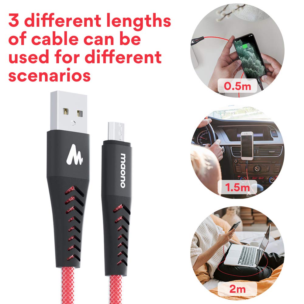 Maono UC201R-P3 Micro USB Fast Charging Cable, with High Speed Data Syncs for Android, 0.5m+1.5m+2m, Red, Pack of 1 with 3 Charging Cables