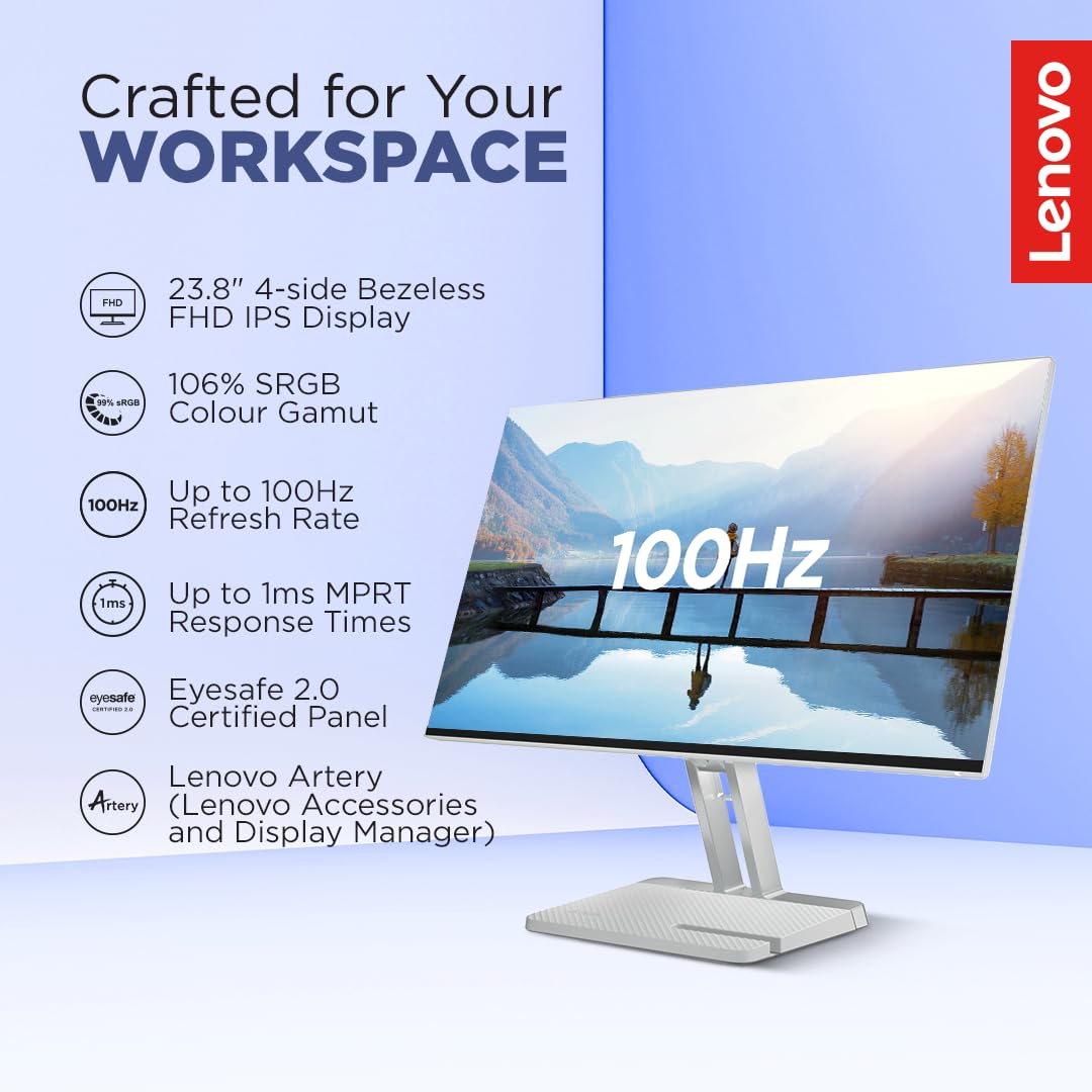 Lenovo L24i-4A, 24 inch (60.45cm), IPS, FHD 1920x1080, 100Hz, Cloud Grey, 1ms, FreeSync, 99% sRGB, 3Wx2 Speakers, HDMI 1.4, VGA, Tilt, Smart Display Customization Artery Monitor
